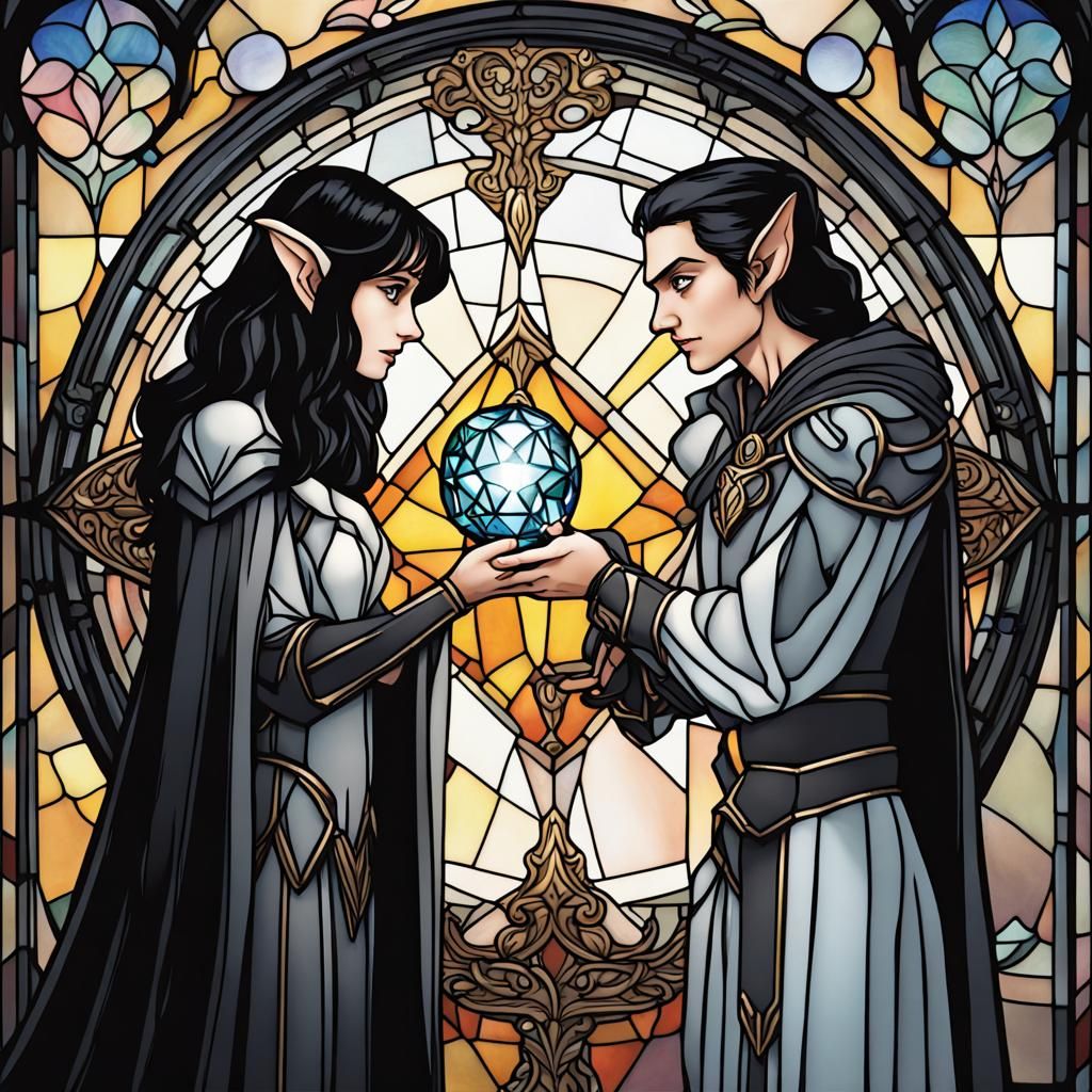 Stained Glass Woman Offers Crystal to Elf