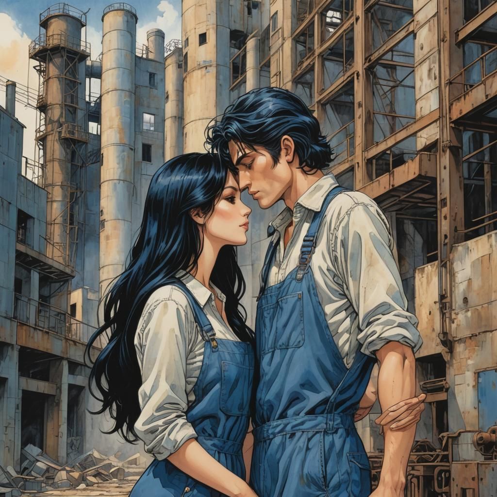 Romantic Factory Kiss in Modern Fantasy Style
