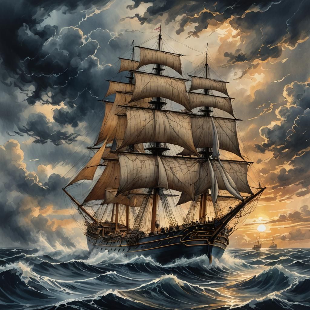 Sailing Ship on Stormy Sea at Sundown: Digital Painting