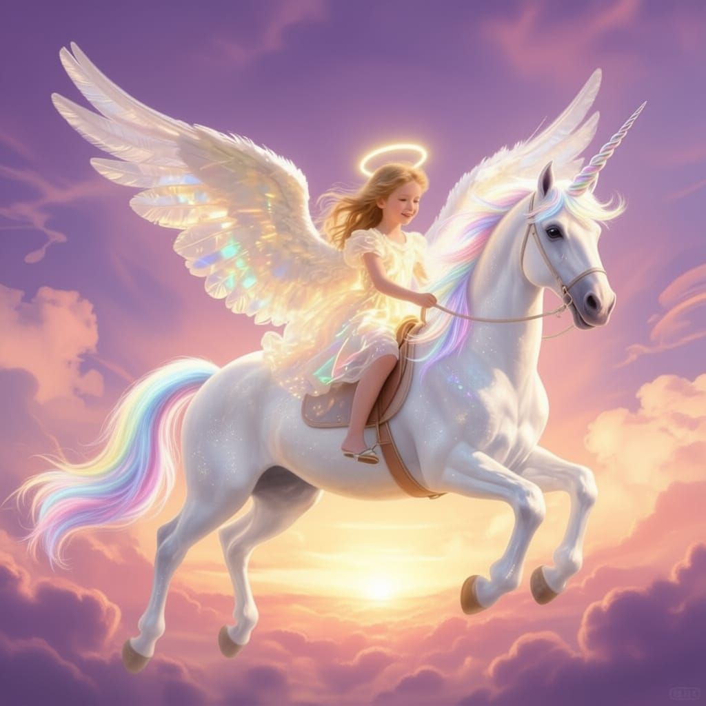 Angel Girl Rides Winged Unicorn Above Clouds in Painterly St...