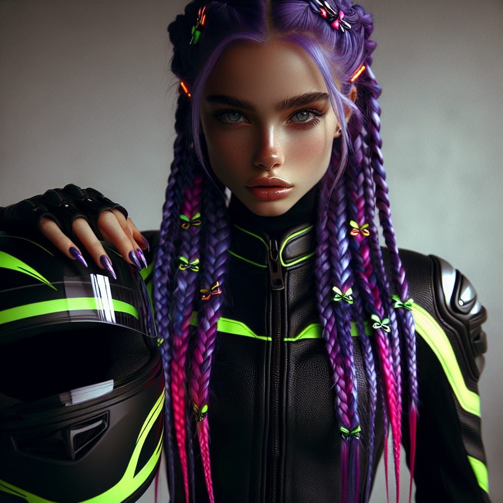 Confident Racer with Purple Braids and Neon Suit