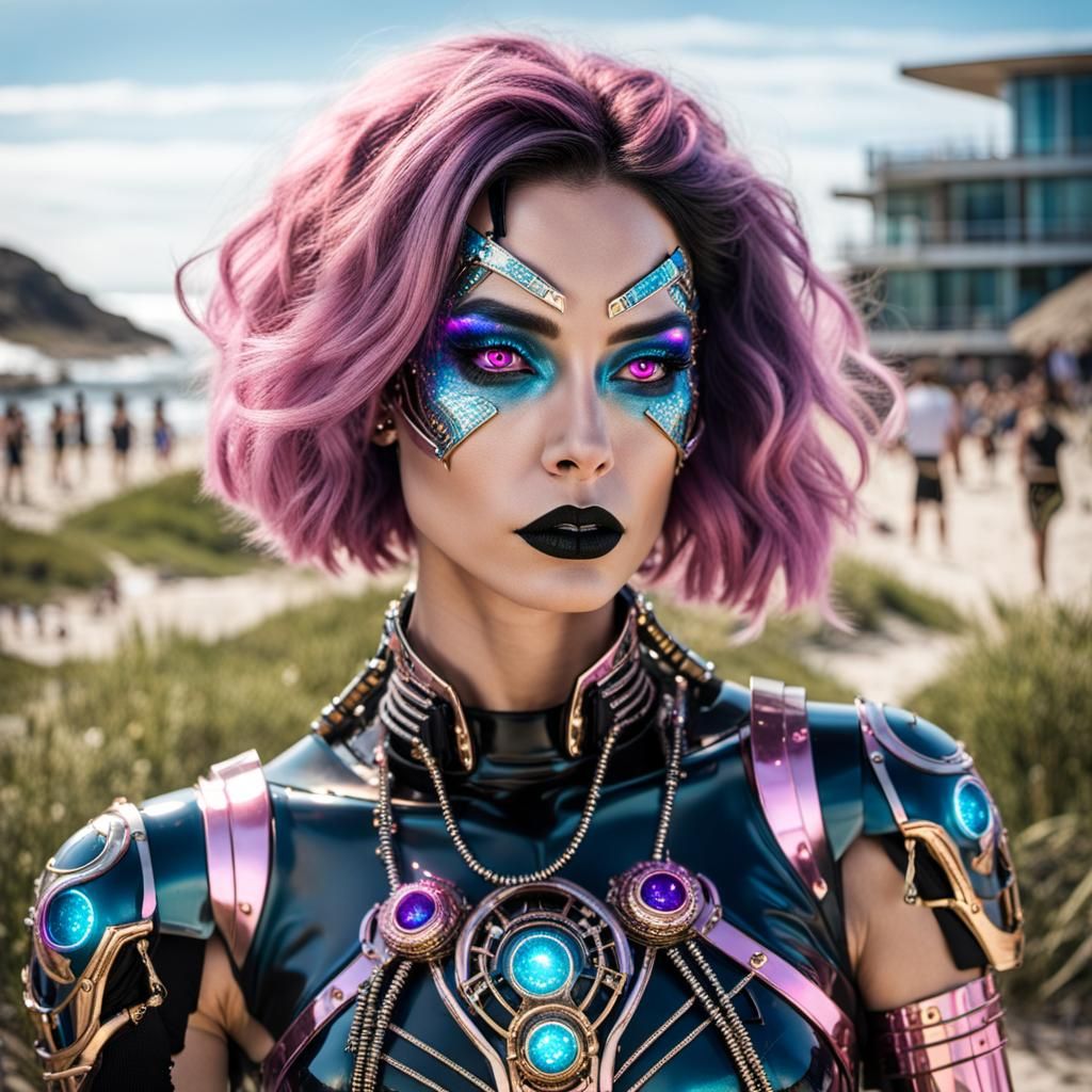 Cyberpunk Cyborg Woman with Energy Katana on Beach