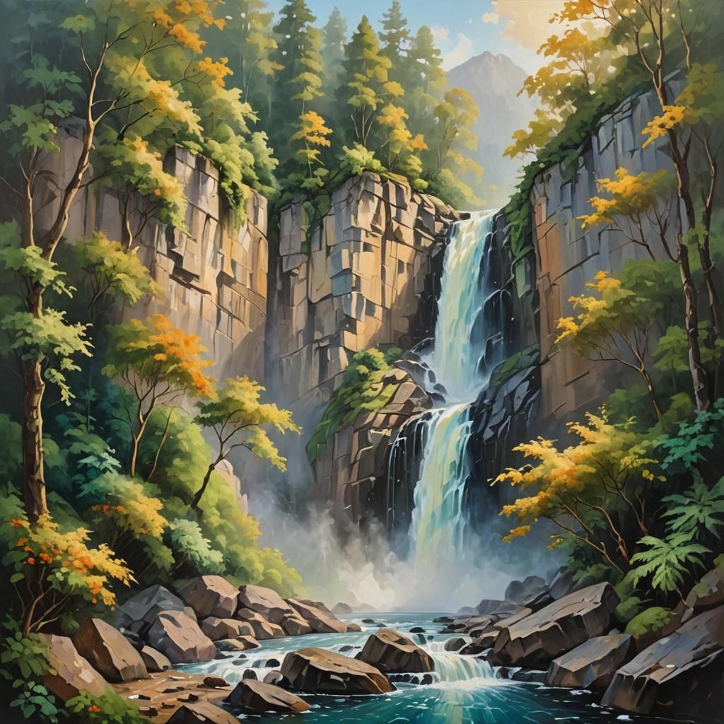Lush Waterfall Oil Painting with Impasto Texture