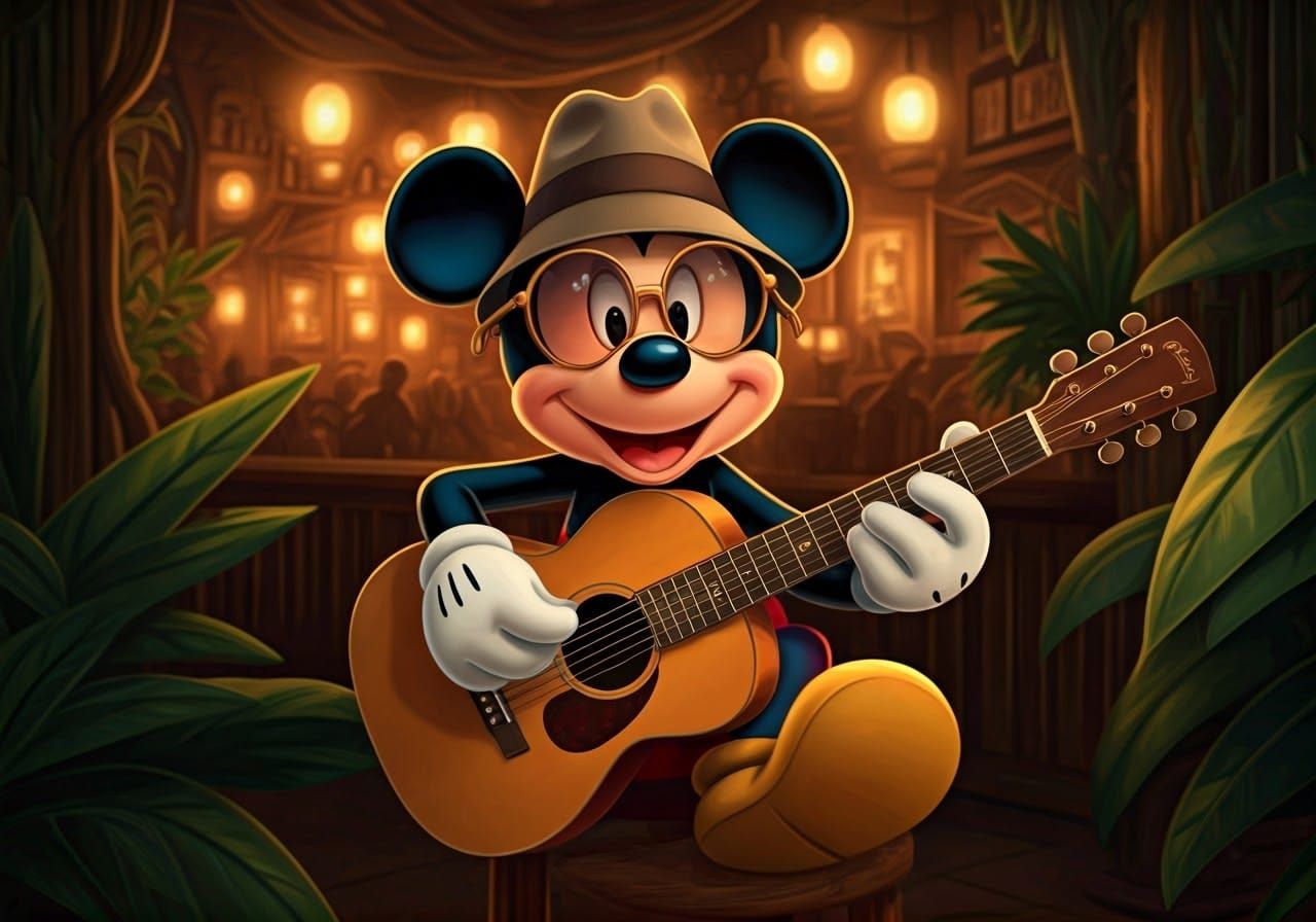 Mickey Mouse Plays Guitar in Jazz Club