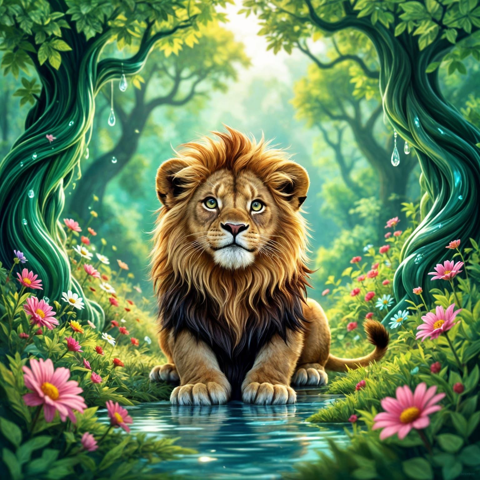 Golden Lion Cub in Whimsical Liquid Forest Vlog