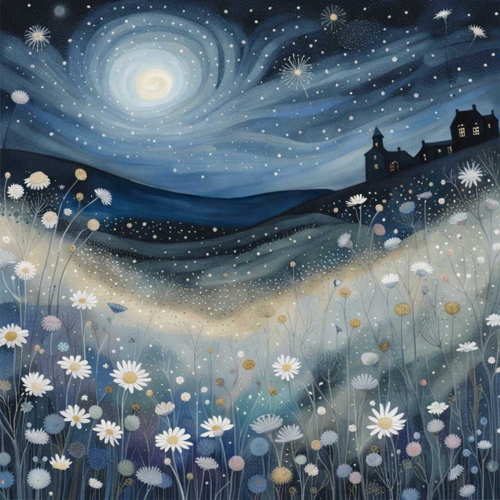 Ethereal Flower Field at Midnight in Watercolor Style