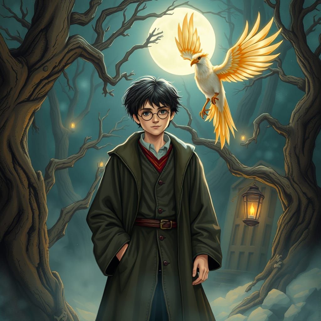 Mystical Wizard Stands Amidst Moonlit Forest with Majestic P...