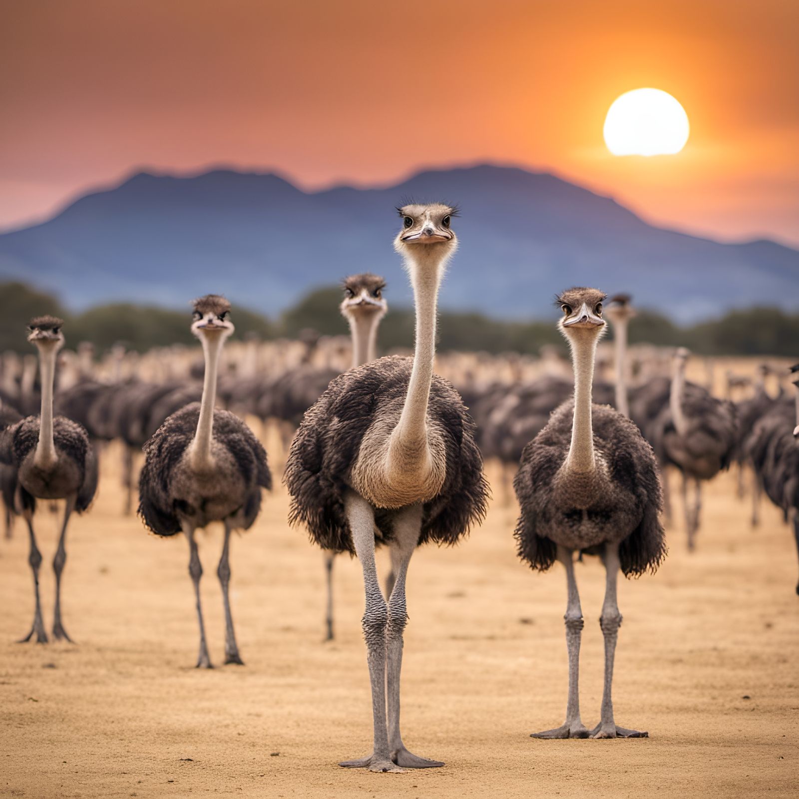 Ostriches in Bowler Hats at Golden Hour