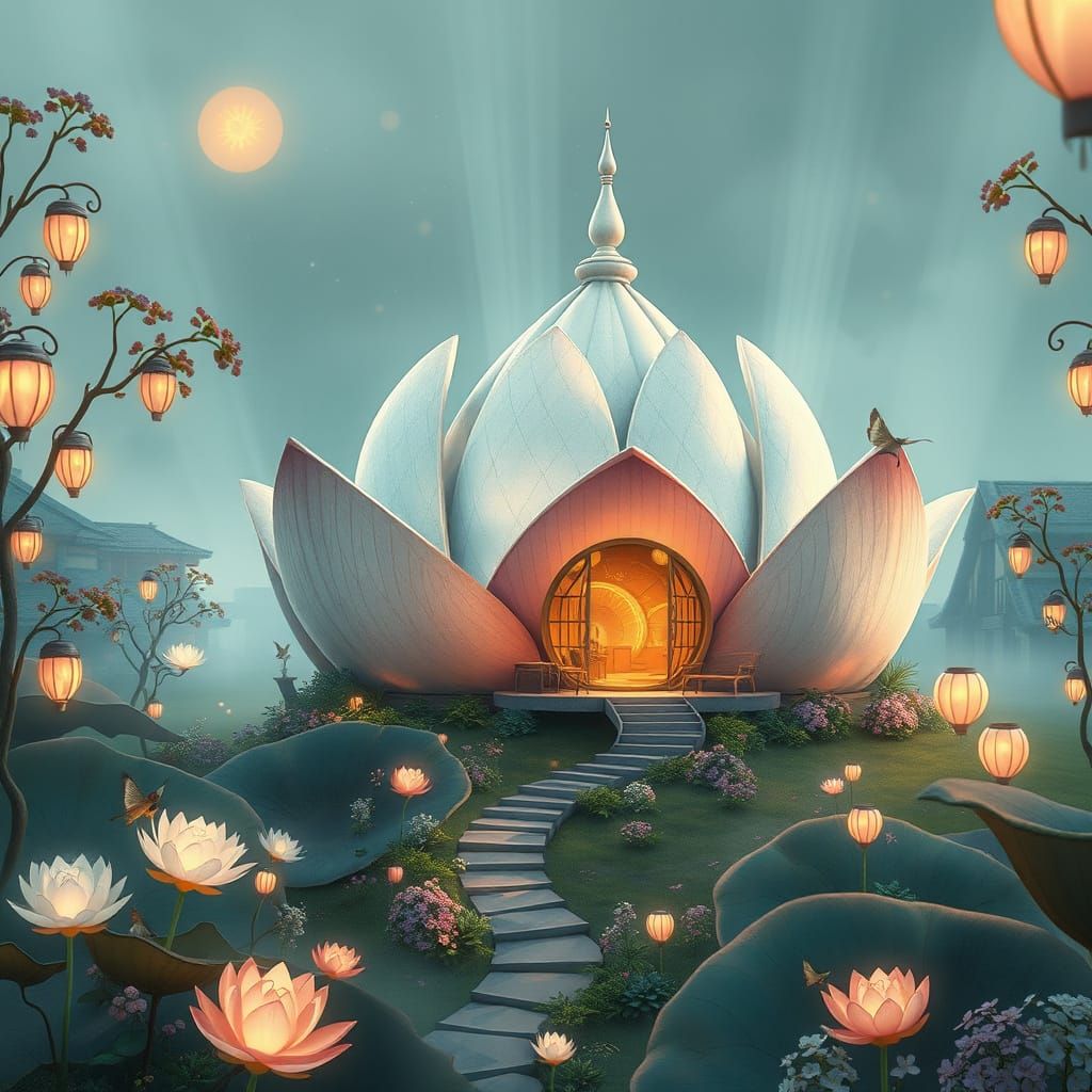 Futuristic Lotus Teahouse in Ghibli Style Garden