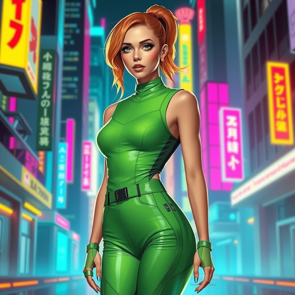 Futuristic Woman in Neon Cityscape, Cyberpunk Style