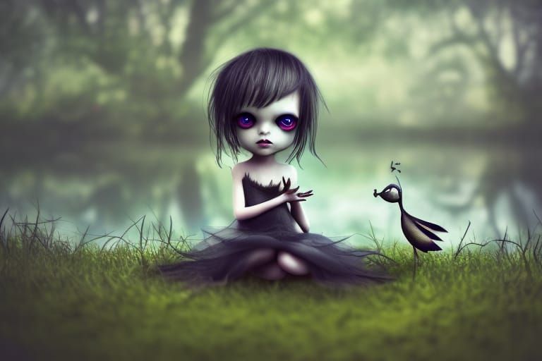 Cute girl toddler fairy sitting on grass near lake