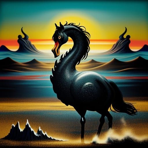 Surreal Swan-Horse Creature in Dalí Style Landscape
