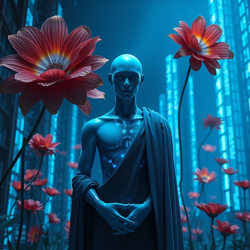 Blue Figure in Futuristic Data Vault Among Floating Flowers