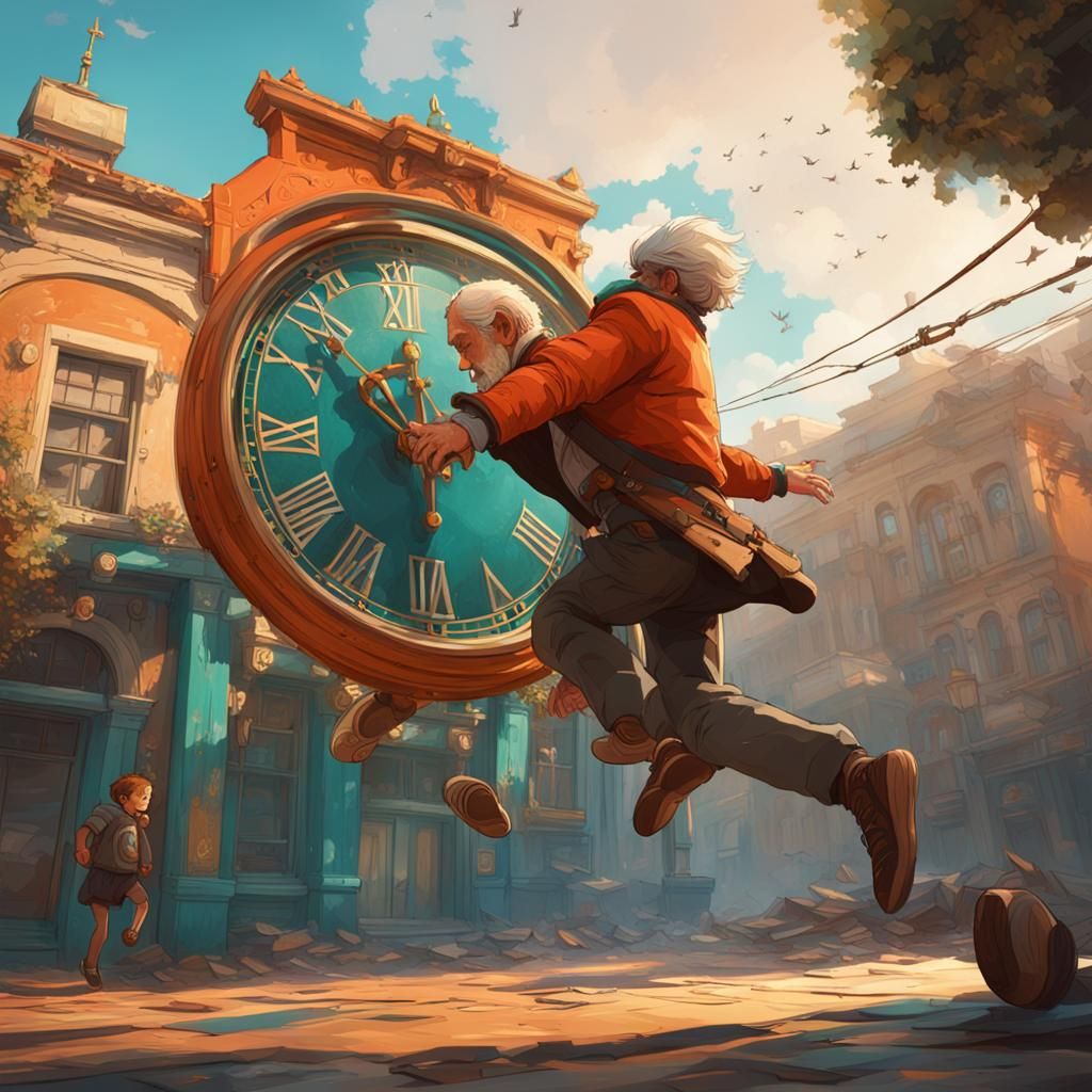 Surreal Chase Scene with Jumping Clocks, Art Nouveau Style