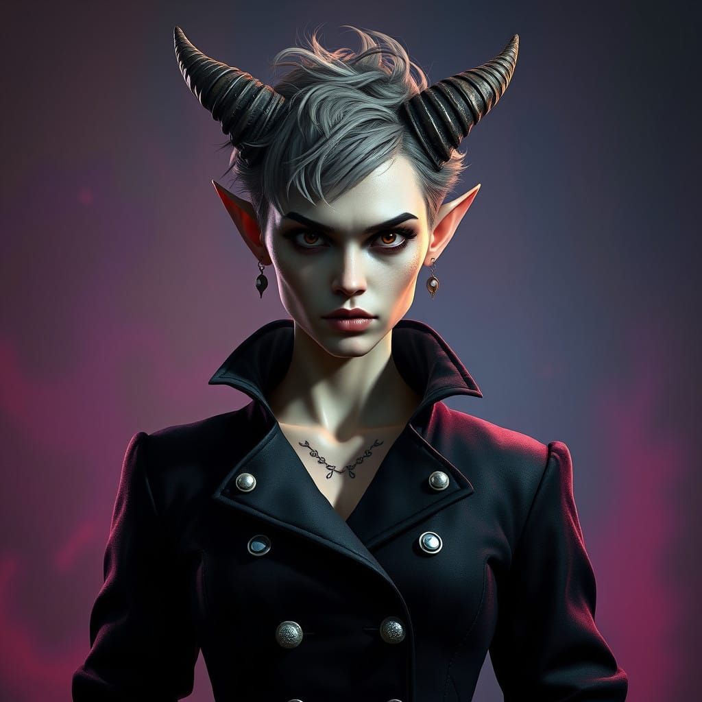 Confident Demon Woman with Small Horns and Short Hair