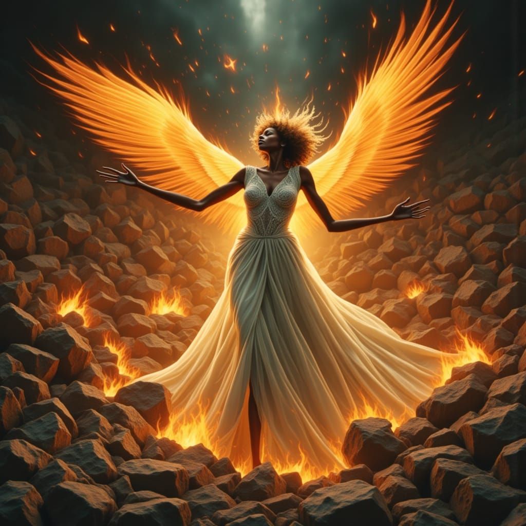 Phoenix Woman Rises from Ashes in Digital Painting Style