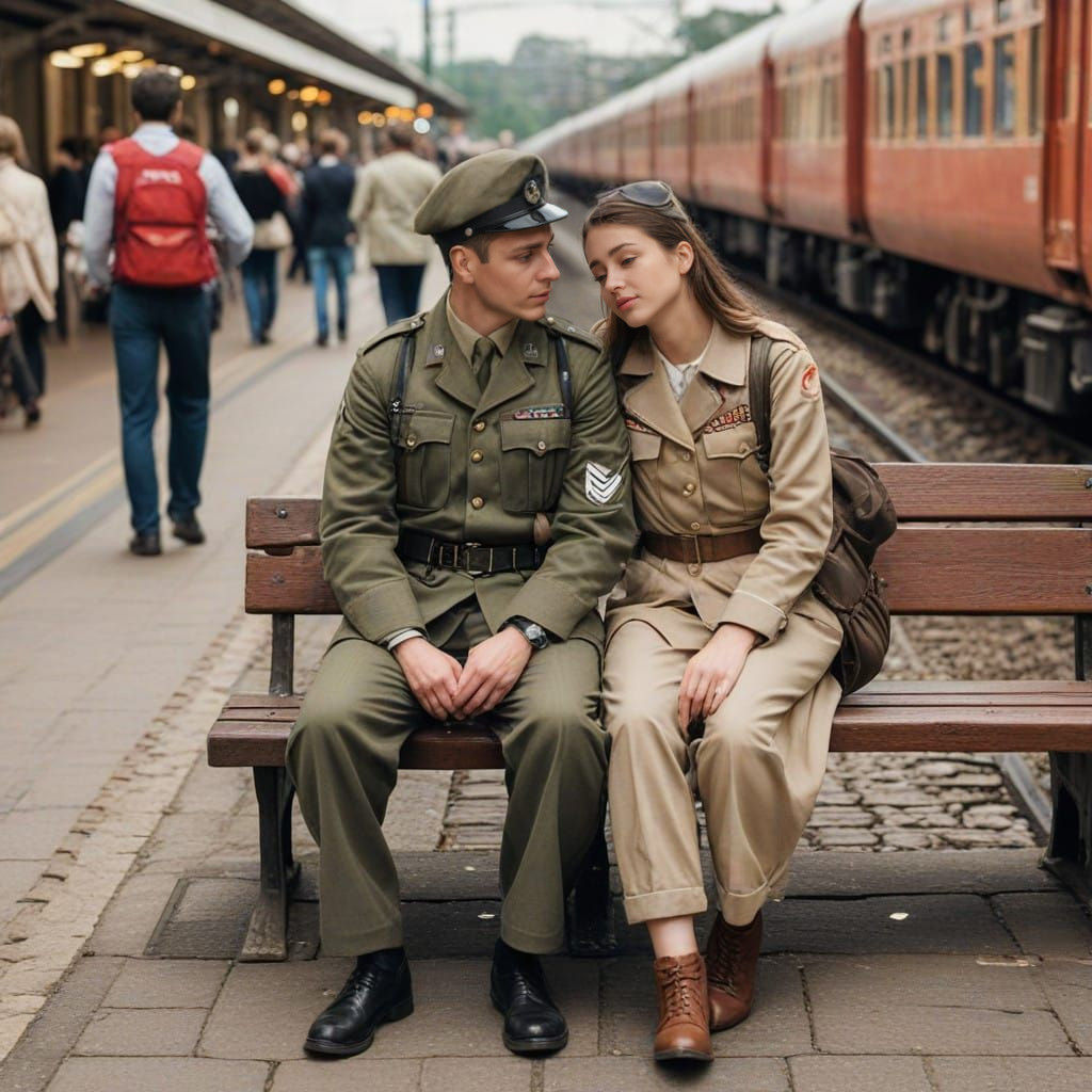 Soldiers and Sweethearts Share a Tender Moment in Railway St...