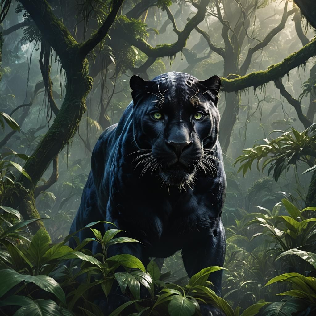 Black Panther Close-Up in Emerald Jungle, Digital Painting