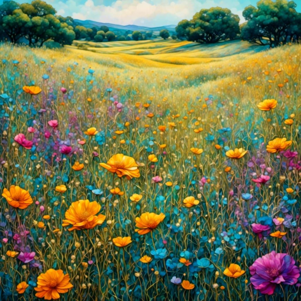 Lush Flower Field with Liquid Ink Effect