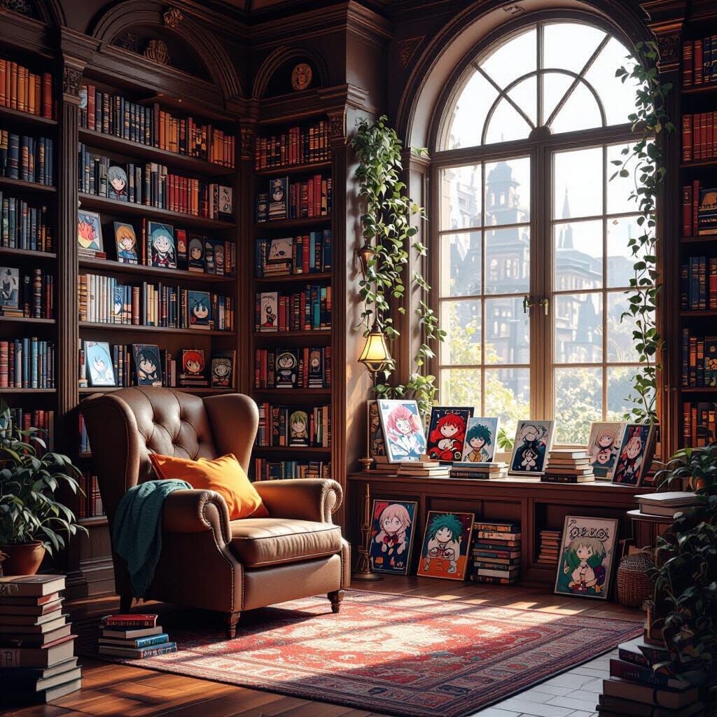 Cozy Library with Anime Decor, Matte Painting Style