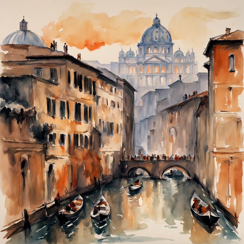 Ancient Rome Ablaze in Vibrant Watercolor