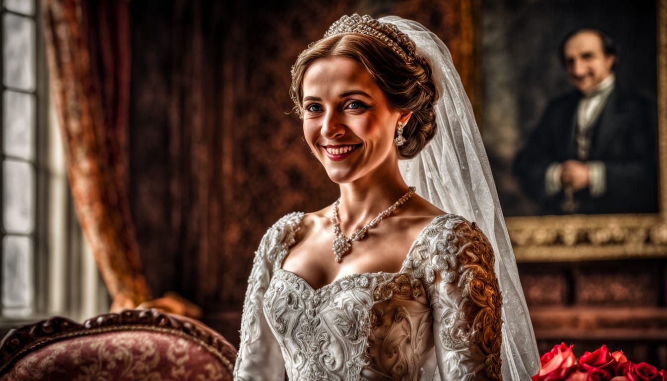 Smiling Woman in Tudor Rose Wedding Gown