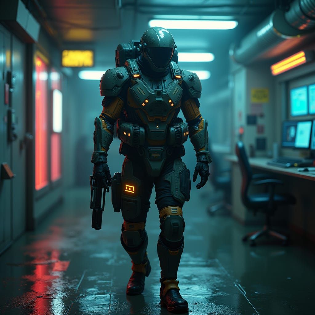 Futuristic Call Center Agent in Gritty Sci-Fi Exosuit