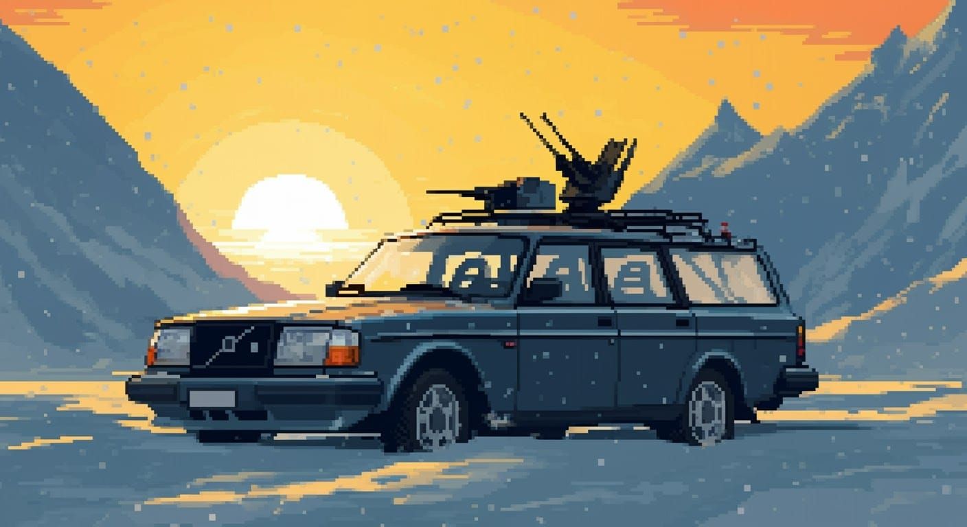 Armored Volvo 240 Anti-Air in Snowy Pixel Art