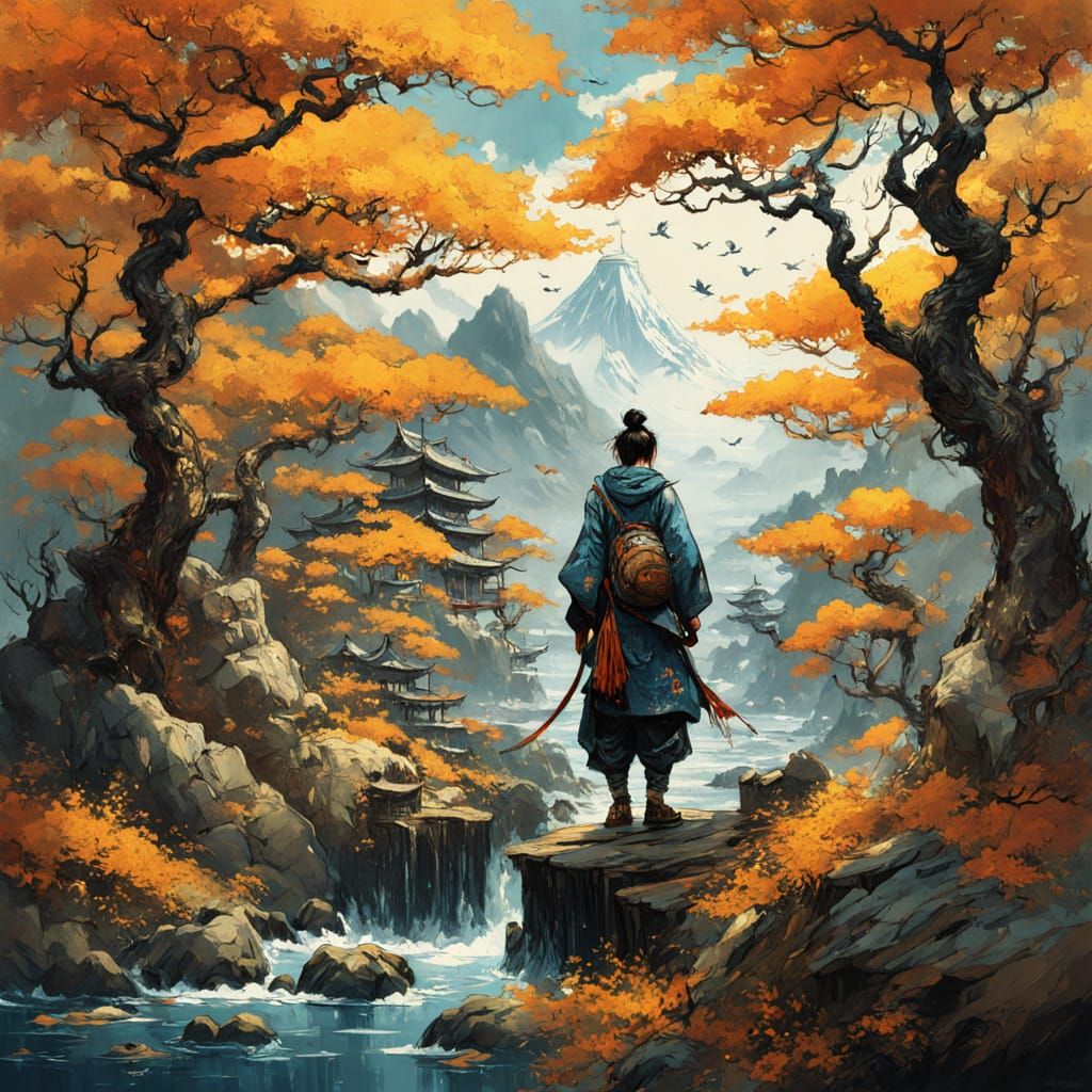 Dark Fantasy Illustration with Golden Motifs and Bokeh