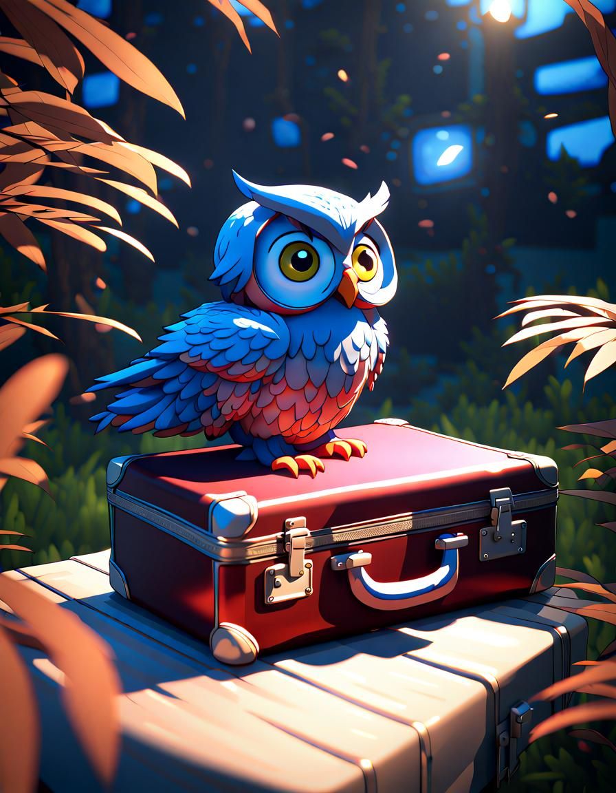 Owl looks out of a suitcase 1