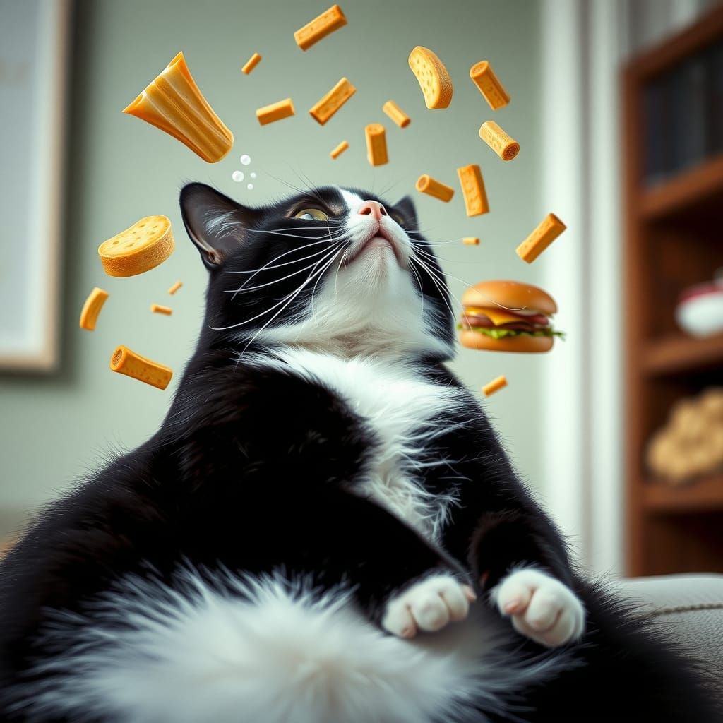 Dreaming of Food: A Fat Tuxedo Cat in Fantasy Art