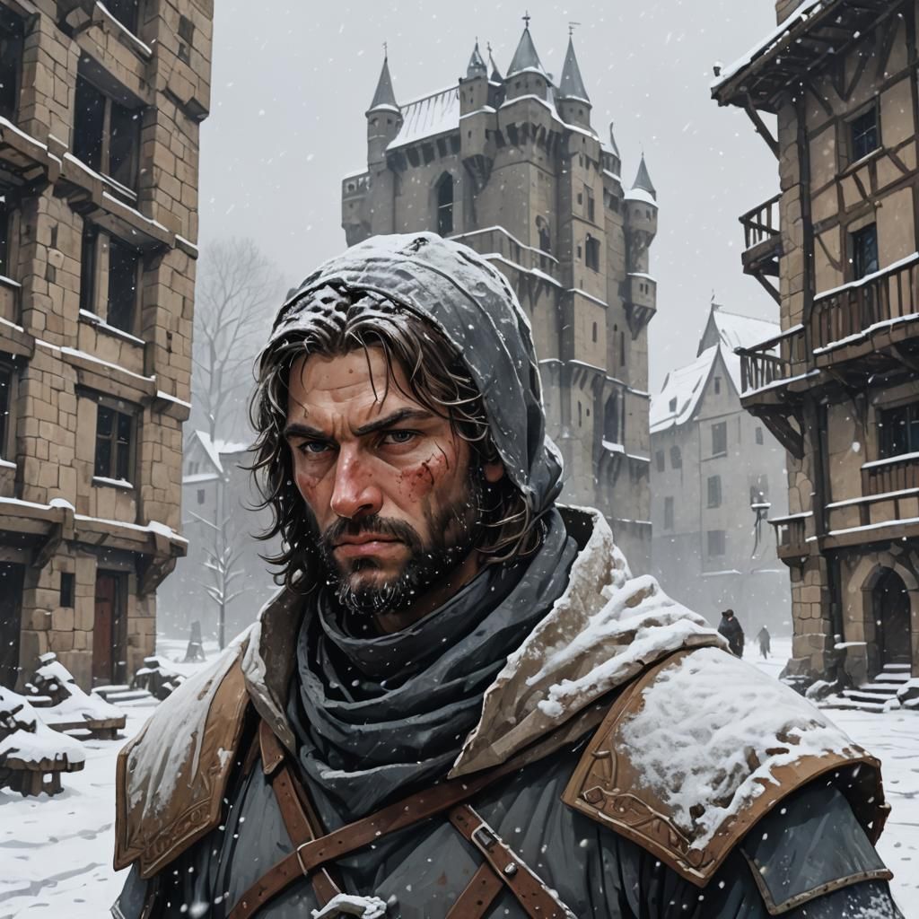 Medieval Rogue Portrait in Brutalist Style