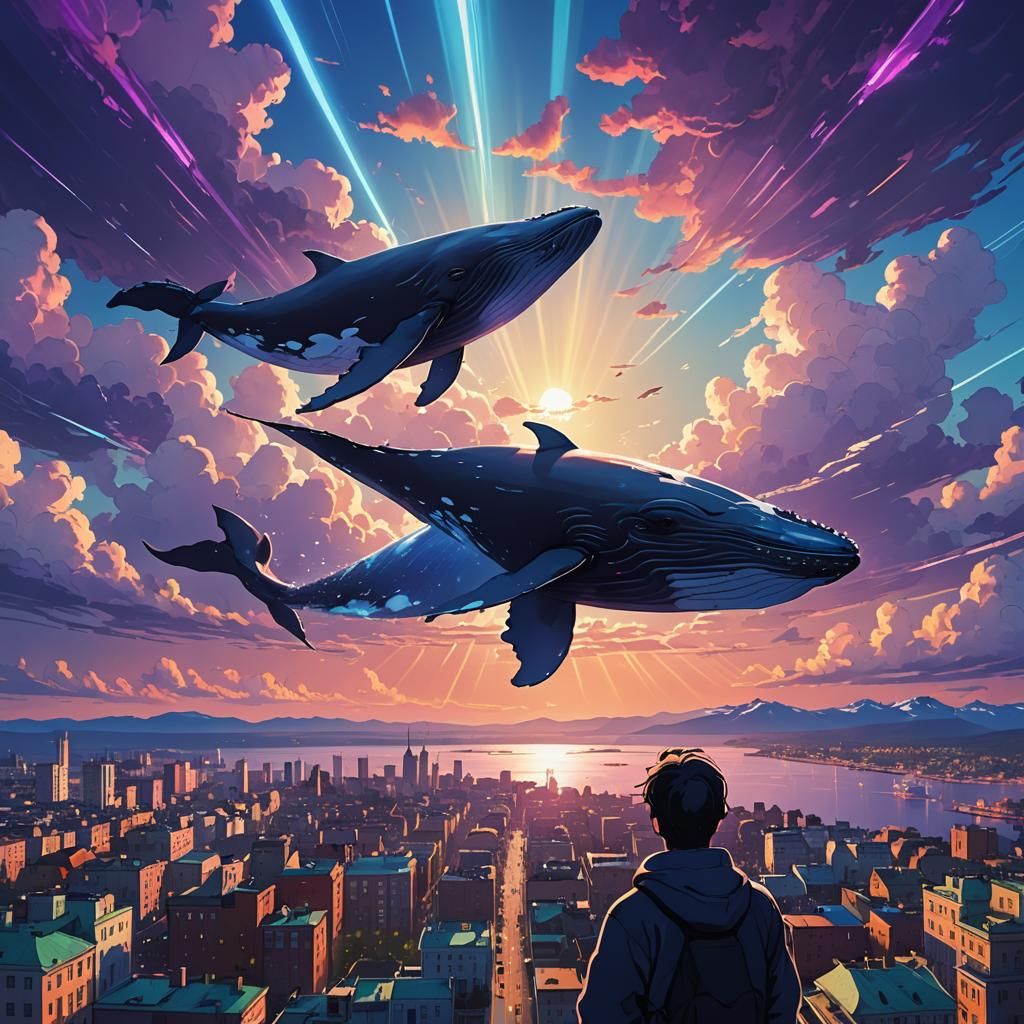 Whale Soars Over Irkutsk in Anime Style