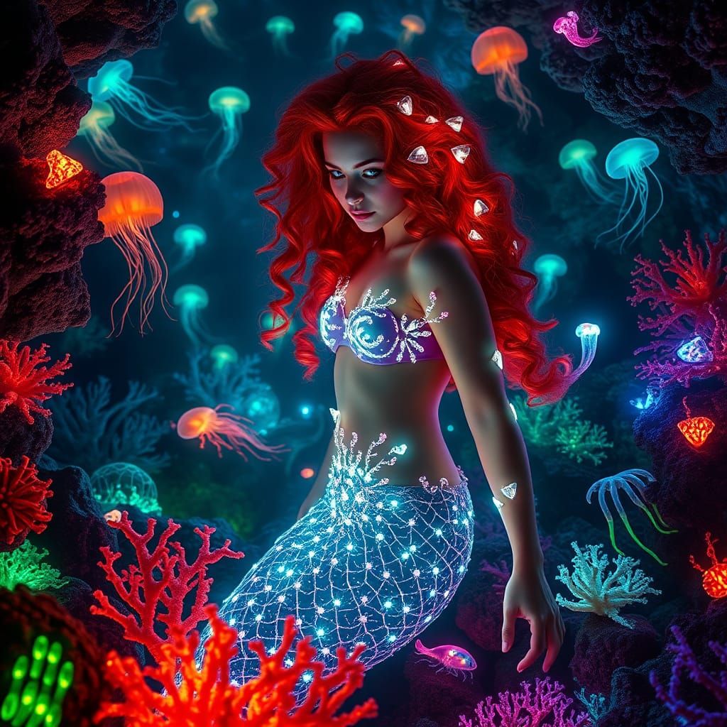 Bioluminescent Mermaid in Thriving Coral Reef Ecosystem