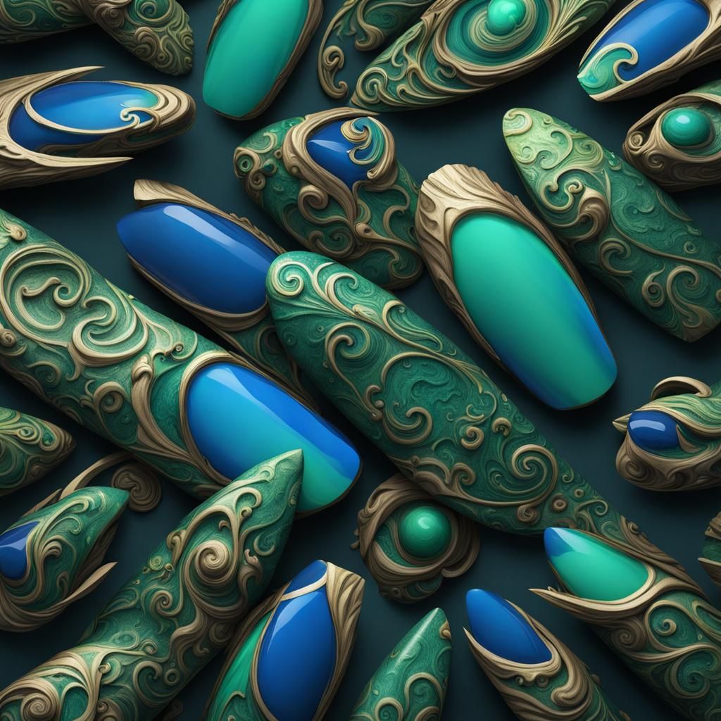Blue and Green Swirl Nail Art in Matte Painting Style