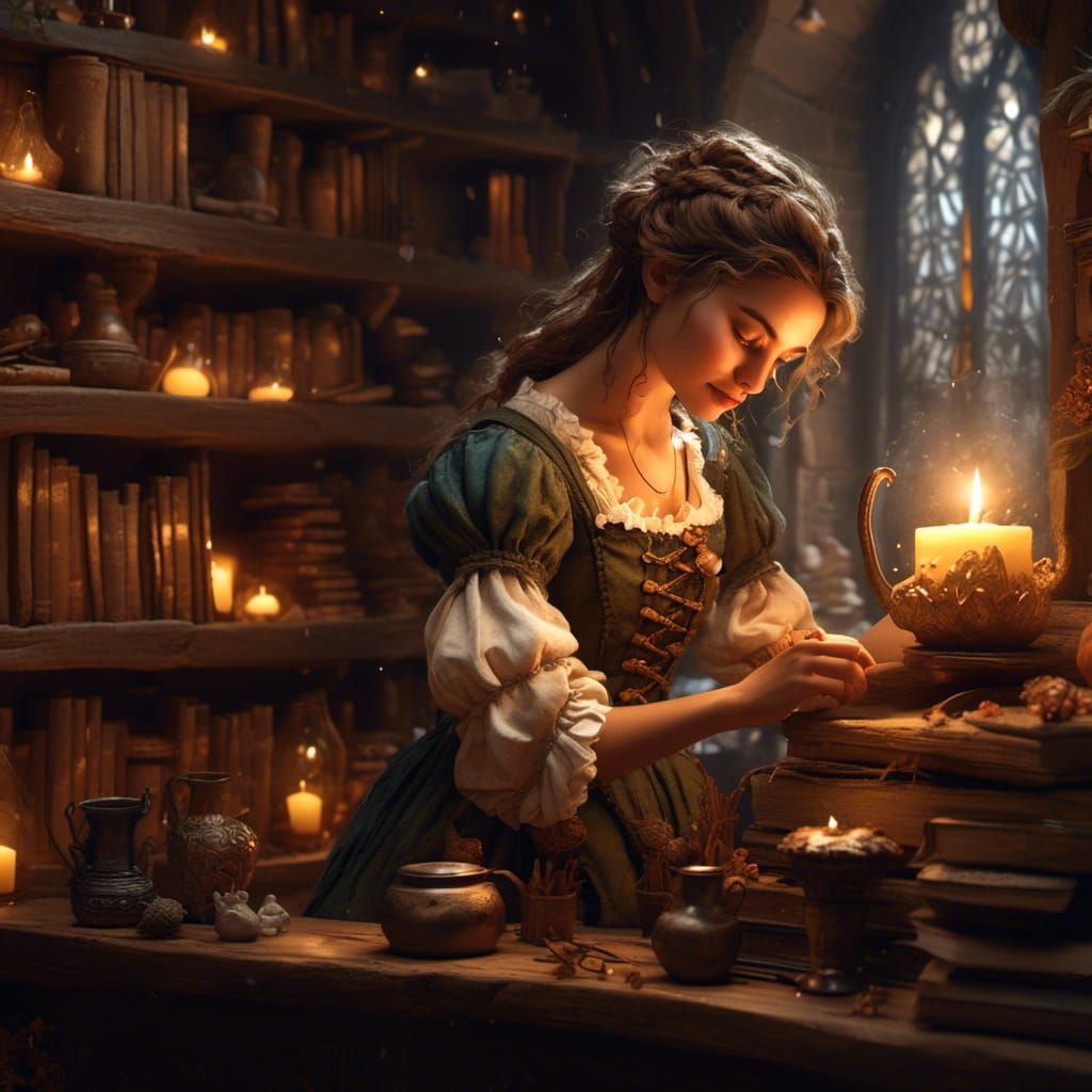 Halfling Maid in Library: Fantasy Art