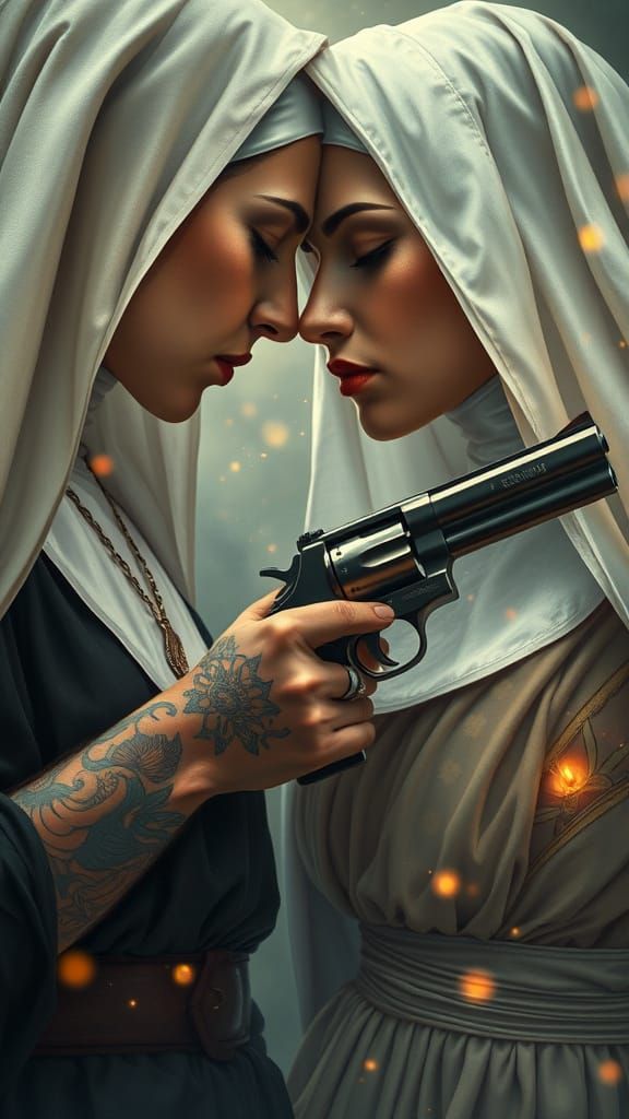 Tattooed Nun Kissing Revolver: A Photorealistic Masterpiece