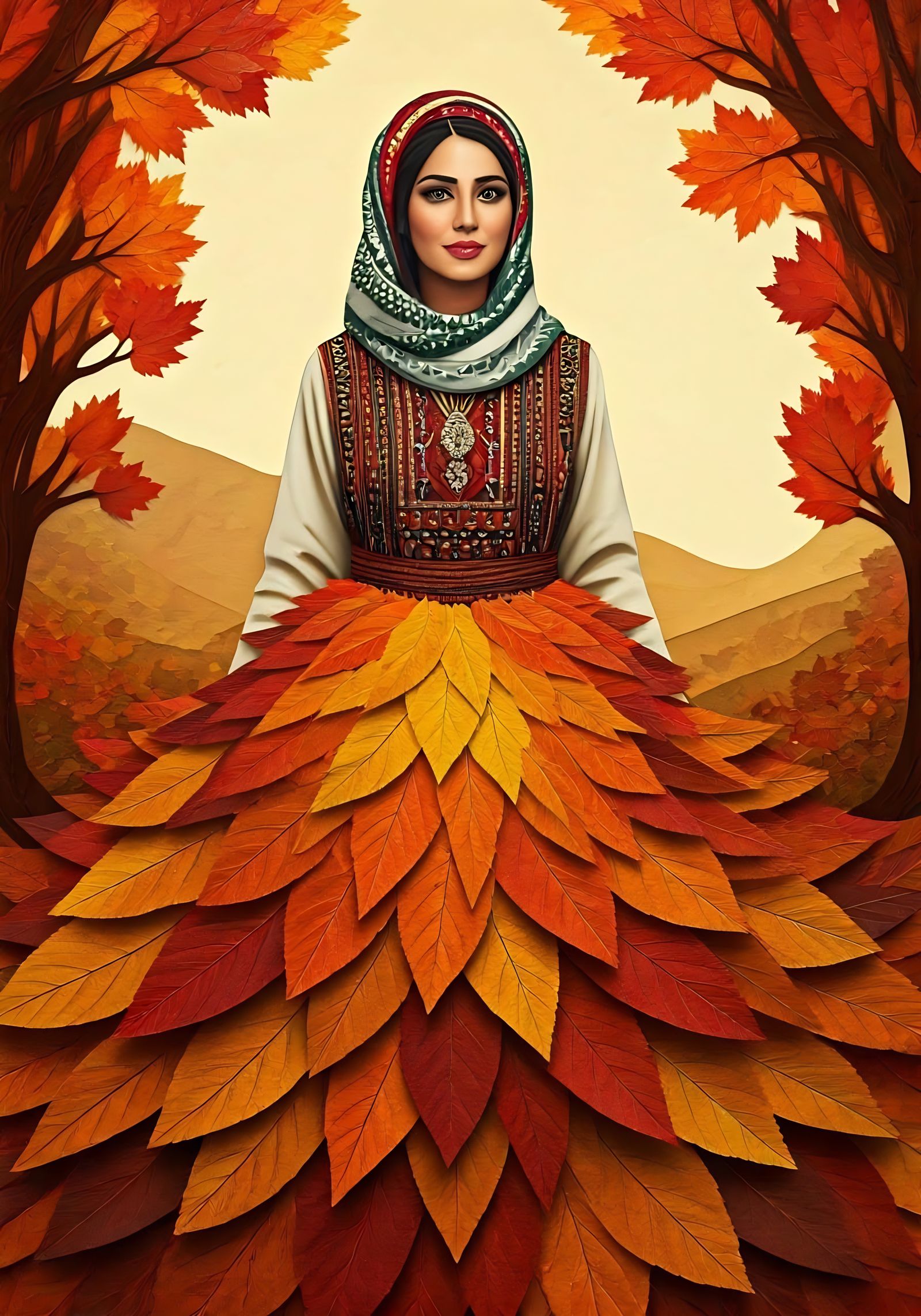 Palestinian Woman in Autumn Leaf Dress, Paper Collage