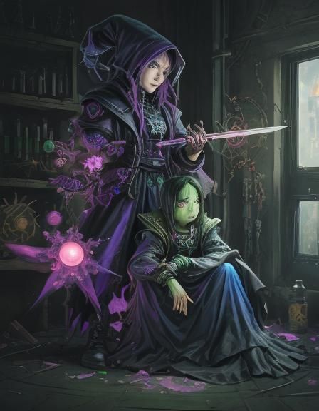 Cyberpunk Alchemist Jester with Alien Creatures