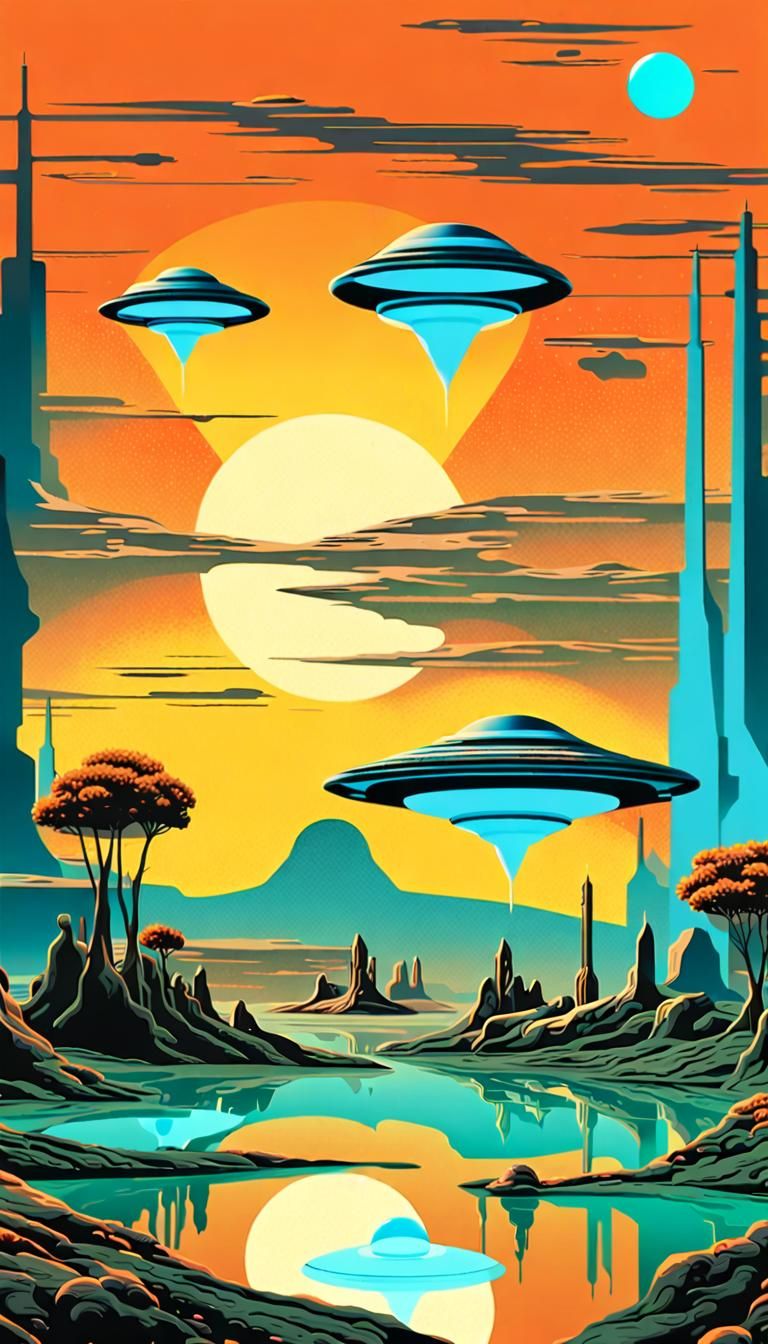 Retro Sci-Fi Alien Landscape with Spaceship