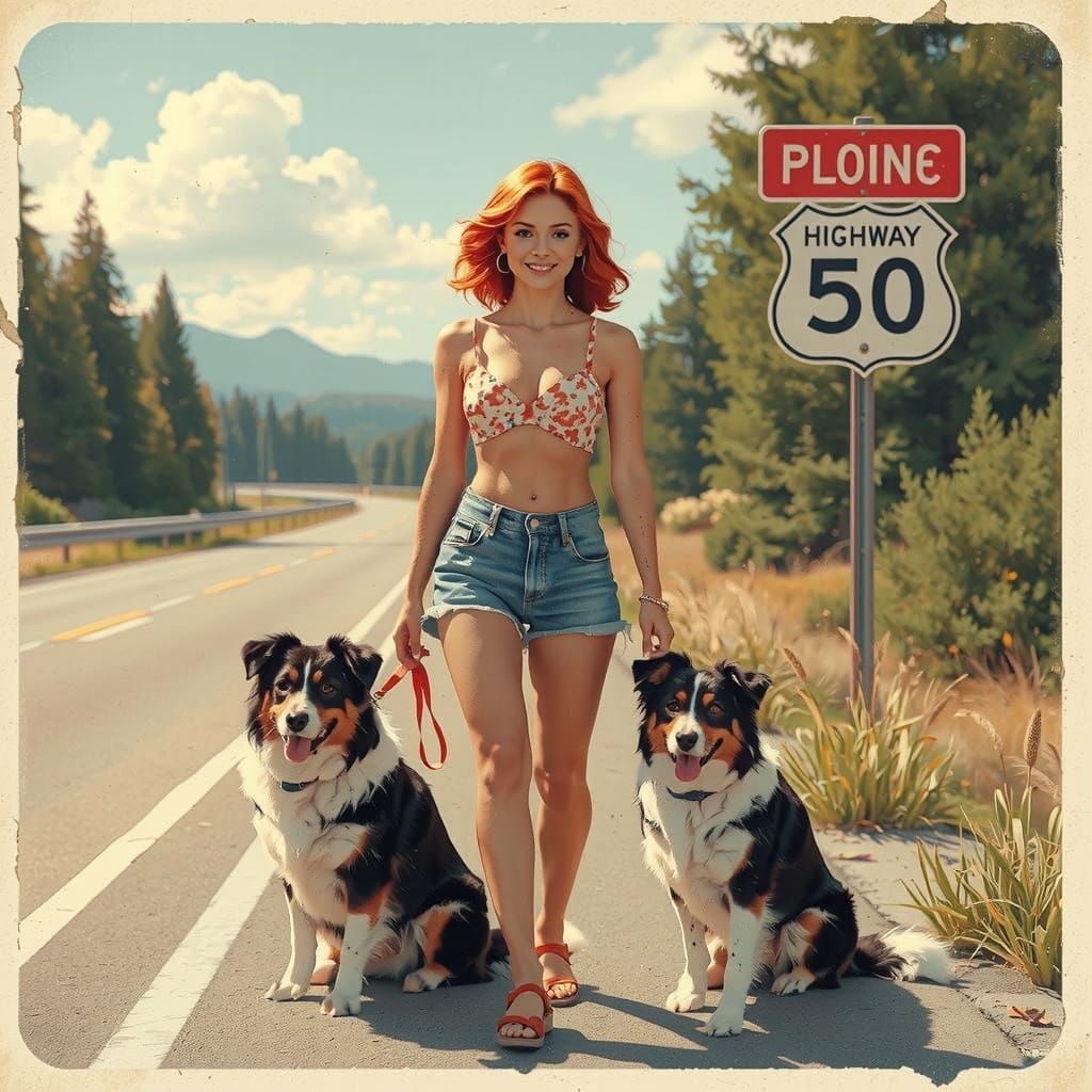 Redhead Hitchhiker with Border Collie in Polaroid Style