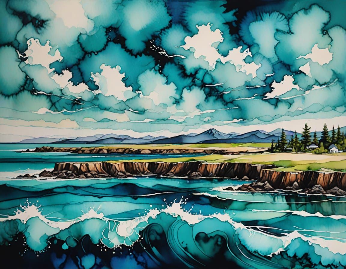 Alcohol inks, turquoise seascape