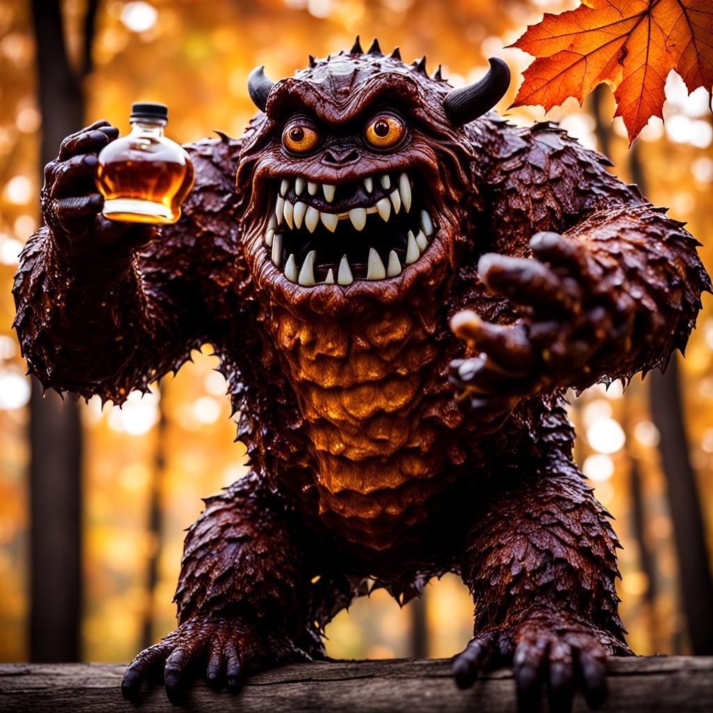 Photorealistic Maple Syrup Monster with Bokeh