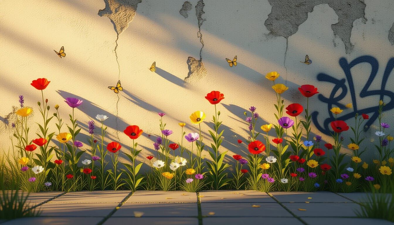 Wildflowers Bursting from Concrete Wall in Hyperrealism