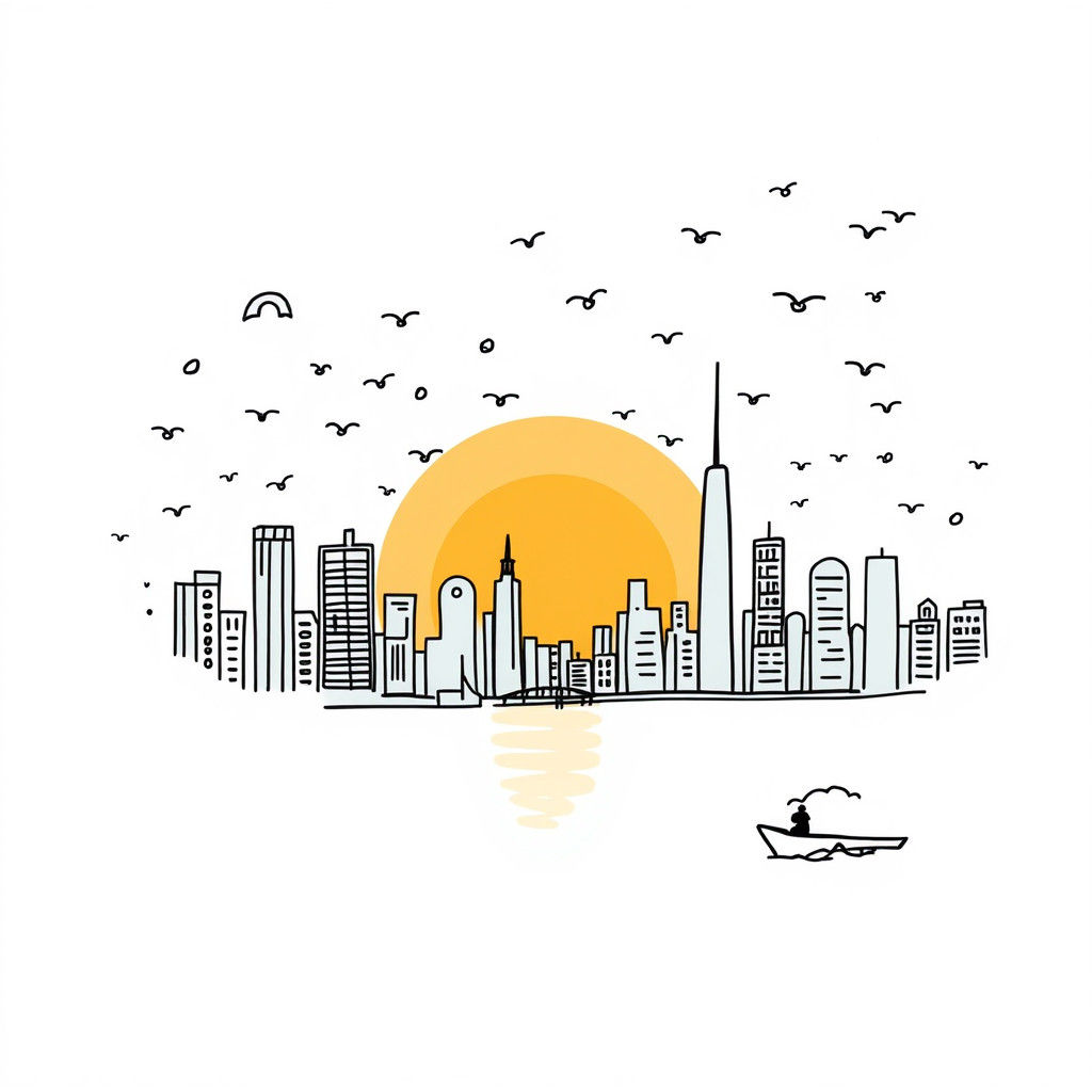Whimsical Doodle Art of Sunrise Over Metropolis