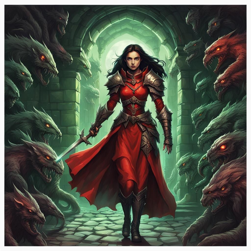 Young Lady in Red Armor Exploring Dark Crypt