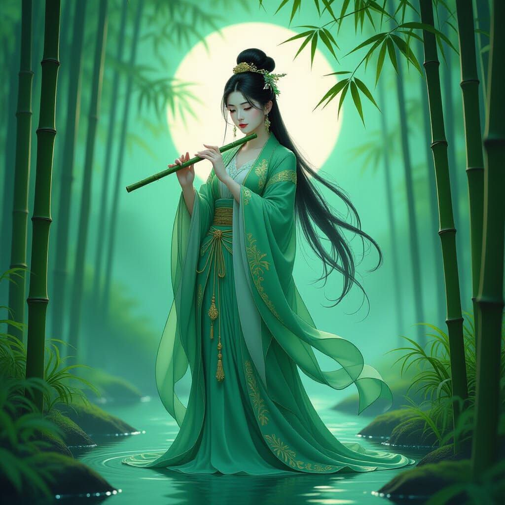 Ethereal Jade Spirit in Bamboo Forest