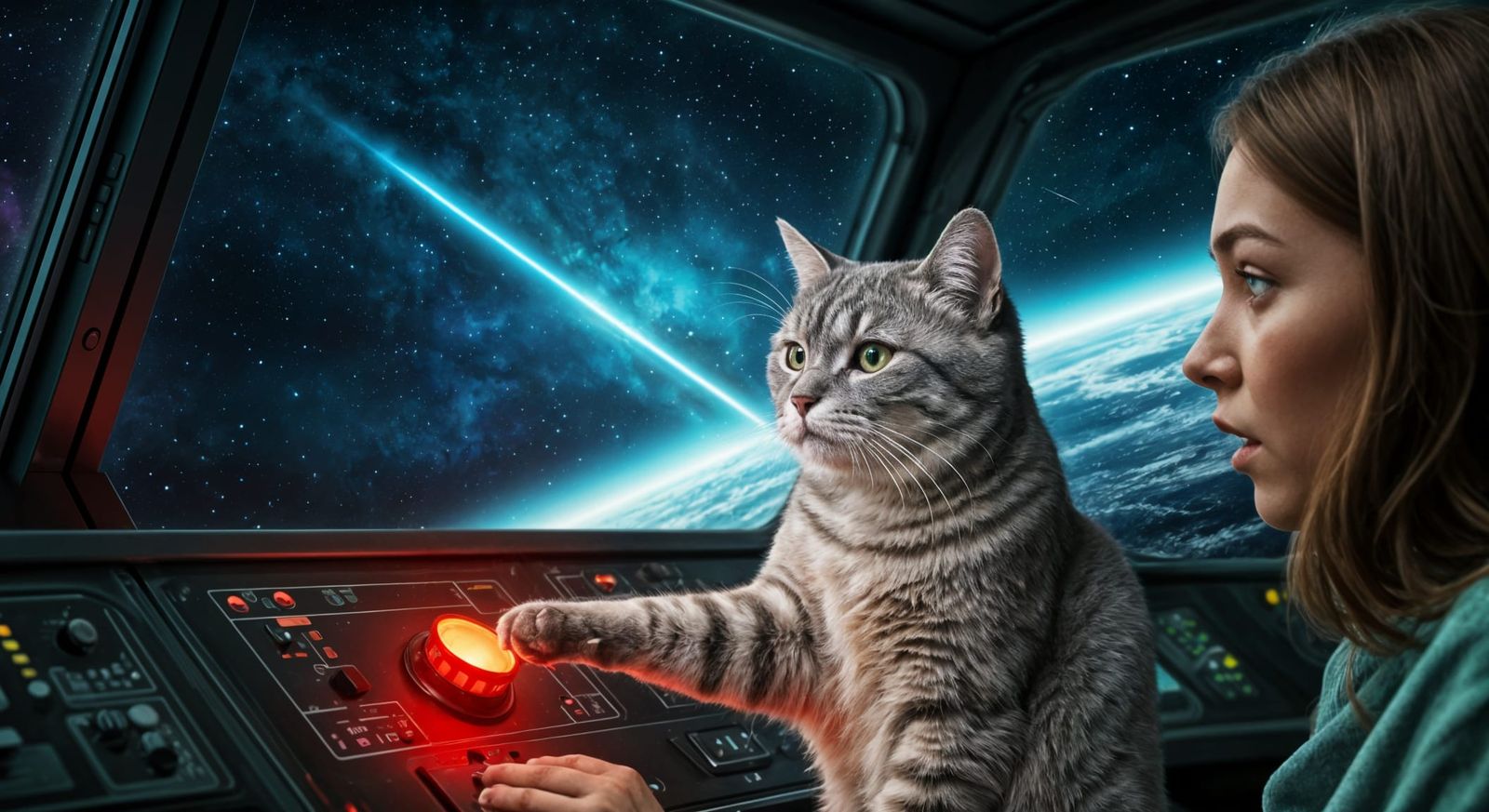 A Grey Cat Contemplates Destruction in a Futuristic Spacecra...