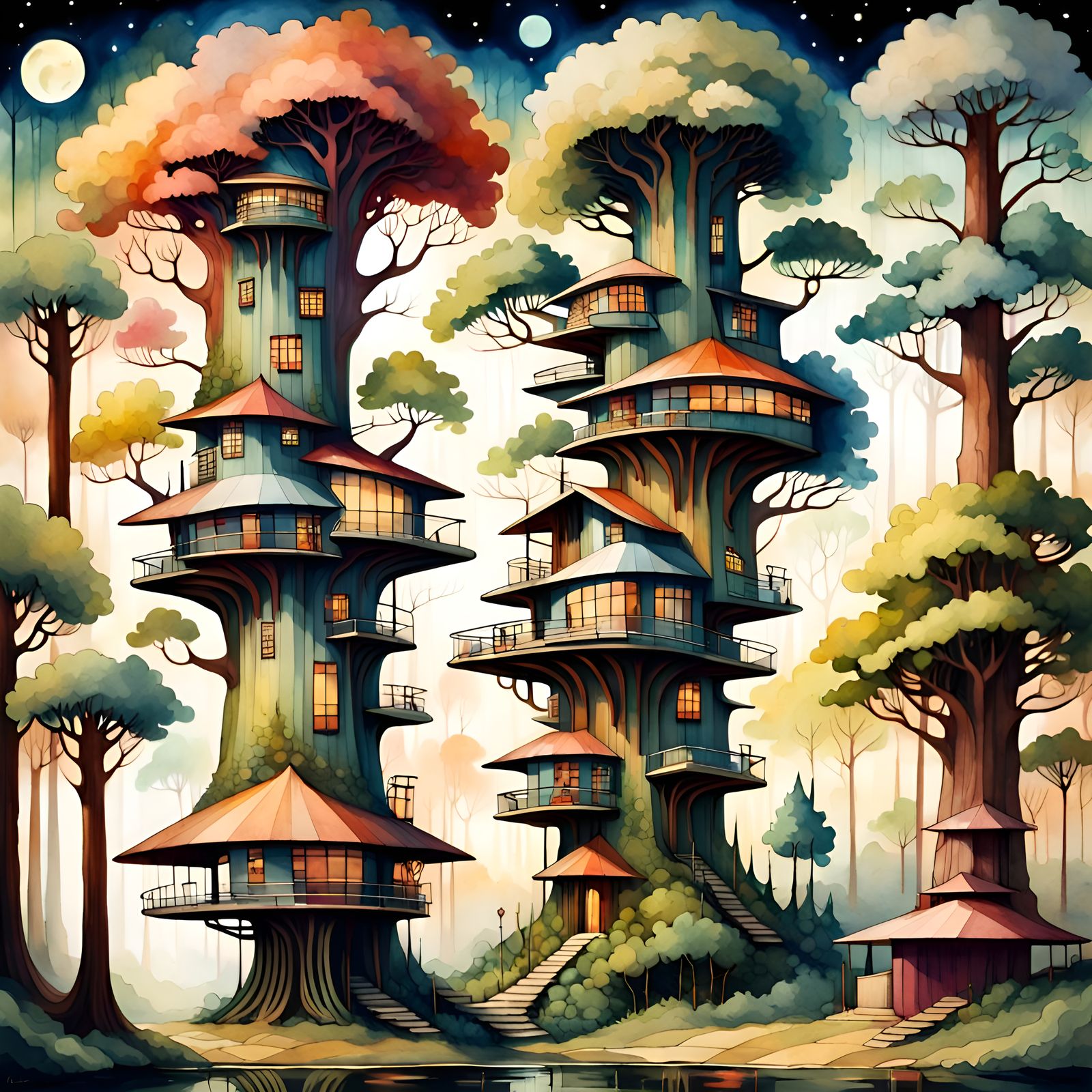 Art Deco Treehouse in Watercolor Art Brut Style