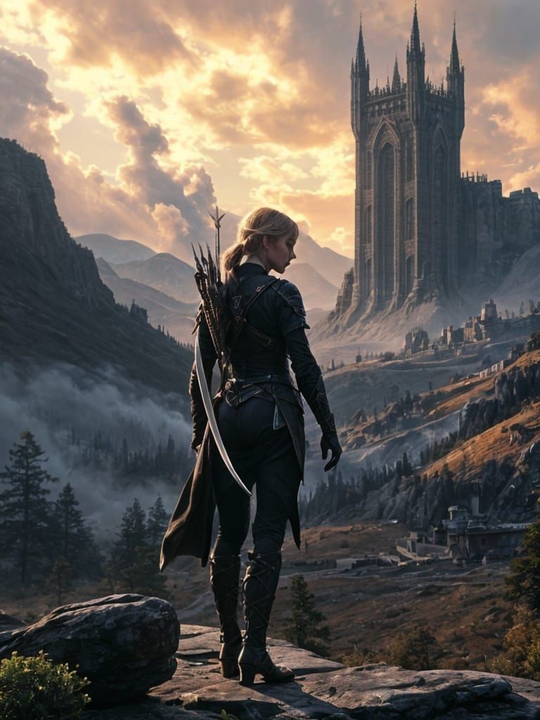 Elf Warrior Overlooks Destroyed Valley, Dark Fantasy Art